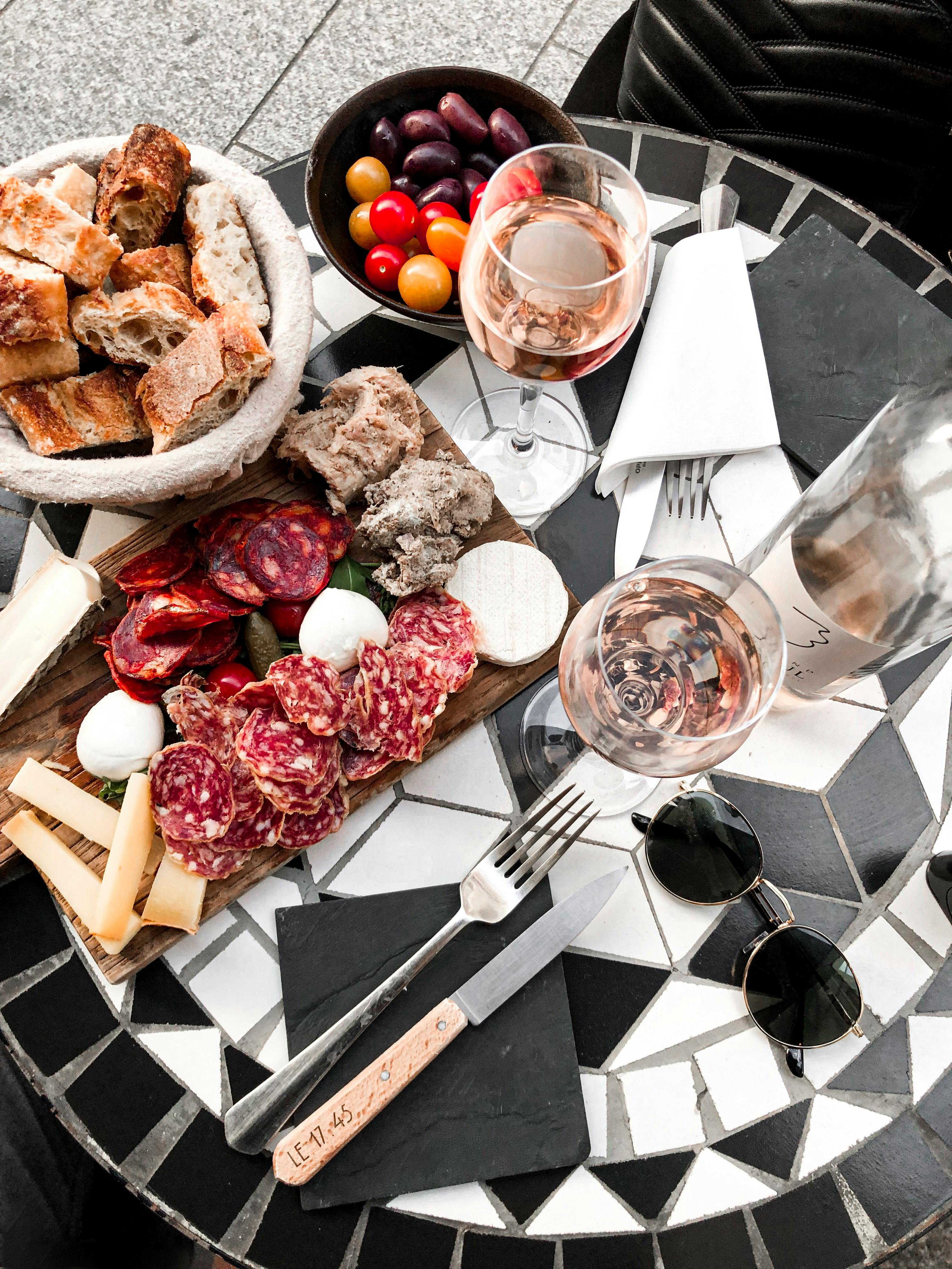 food and wine charcuterie setup